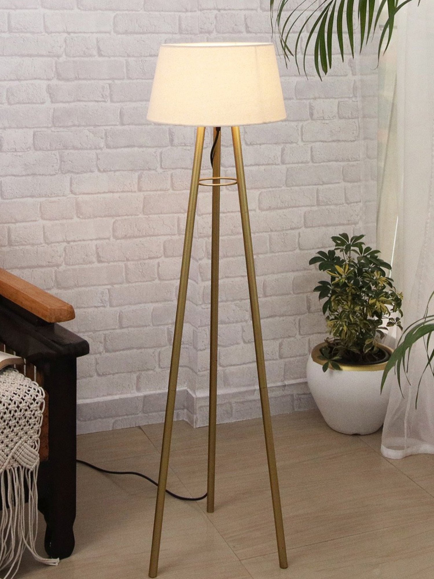 Homesake Cream & Golden Metal Standing Floor Lamp with Bulb and Floor Switch (Iron Legs)