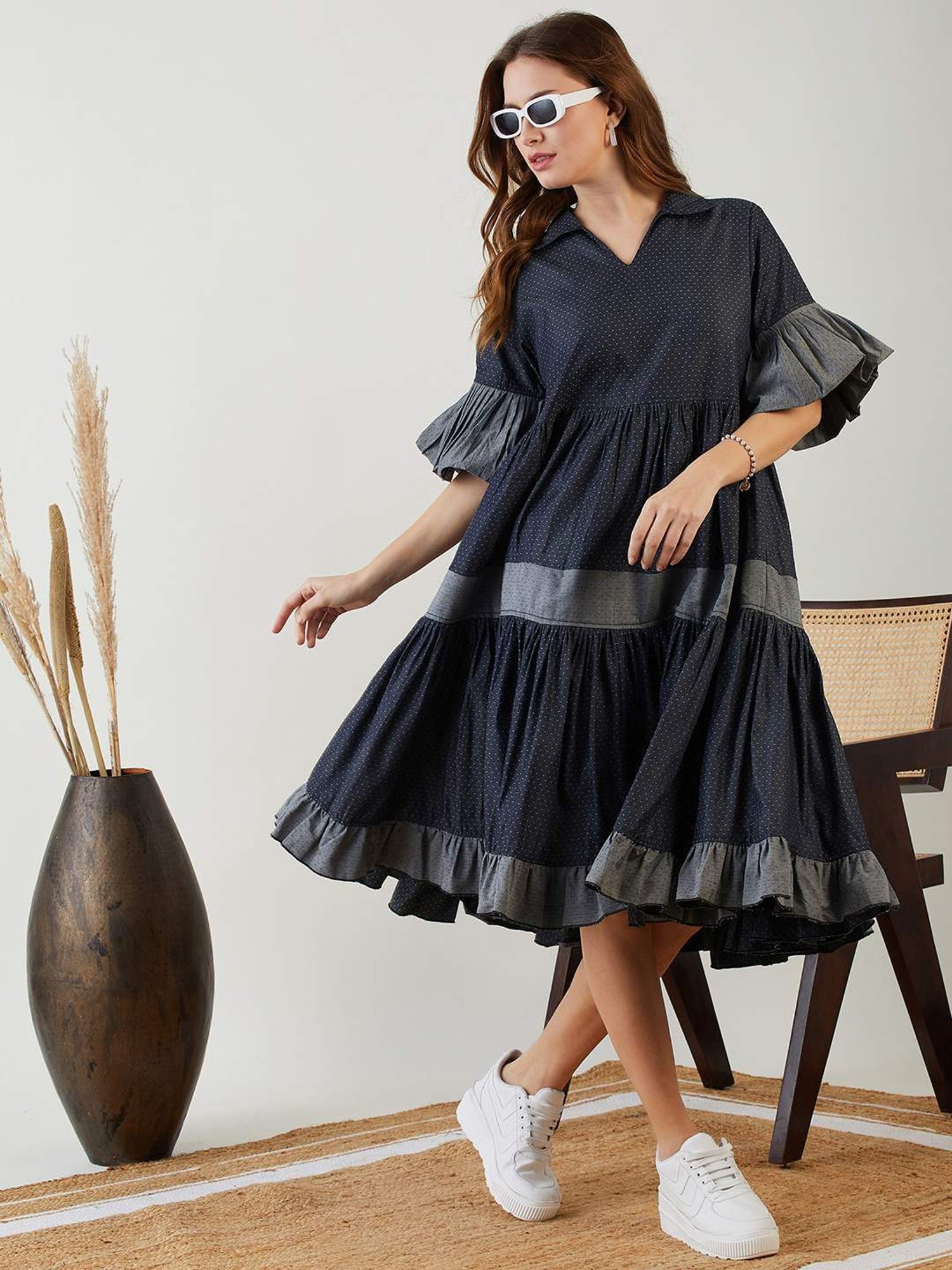 The Kaftan Company Navy Cotton Self Pattern A-Line Dress