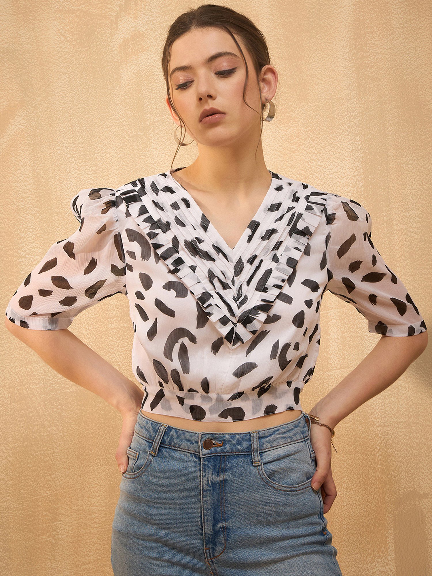 Marie Claire White Printed Crop Top