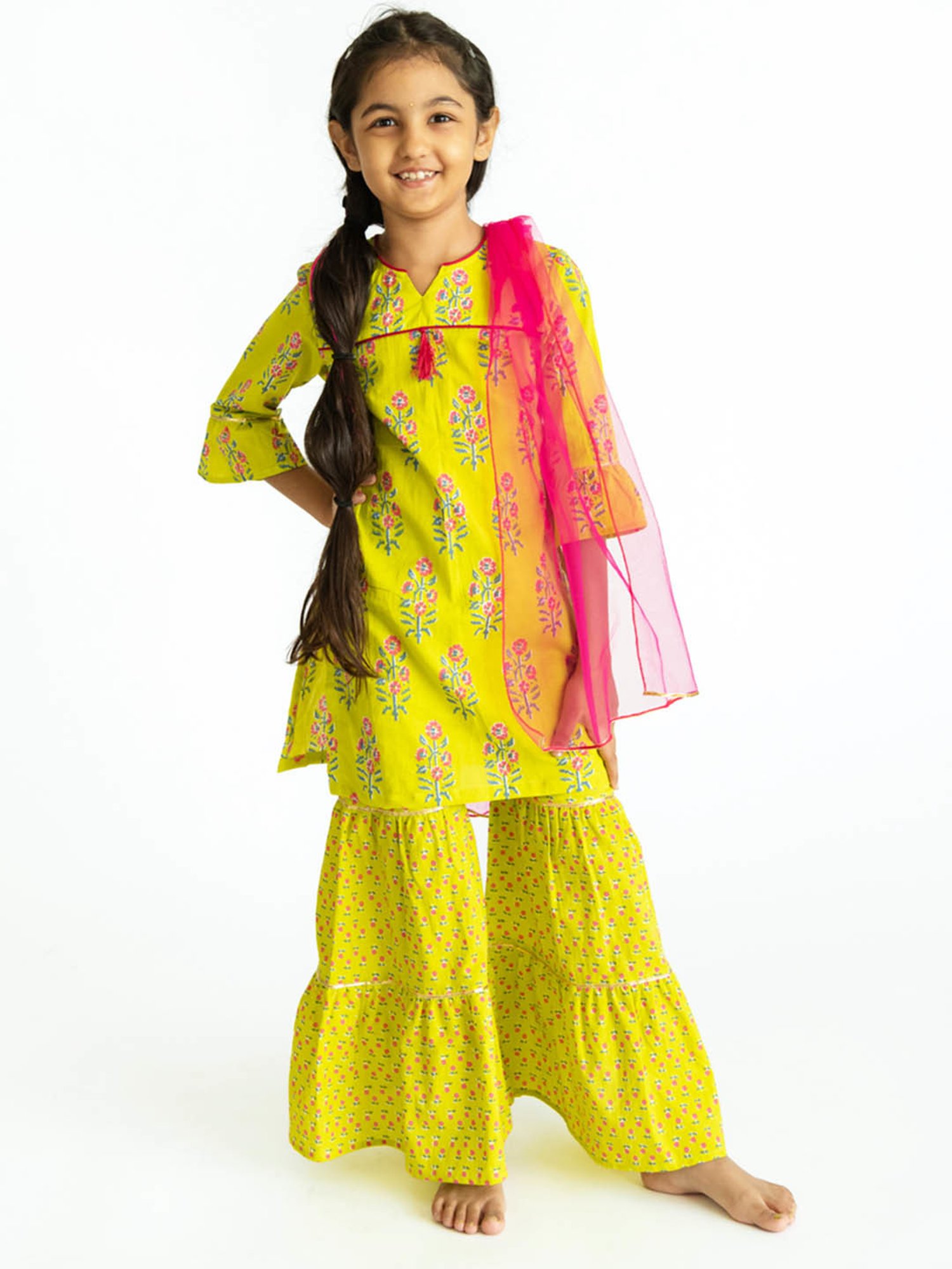 Campana Kids Lime Green & Pink Boota Block Print Kurti, Sharara & Dupatta