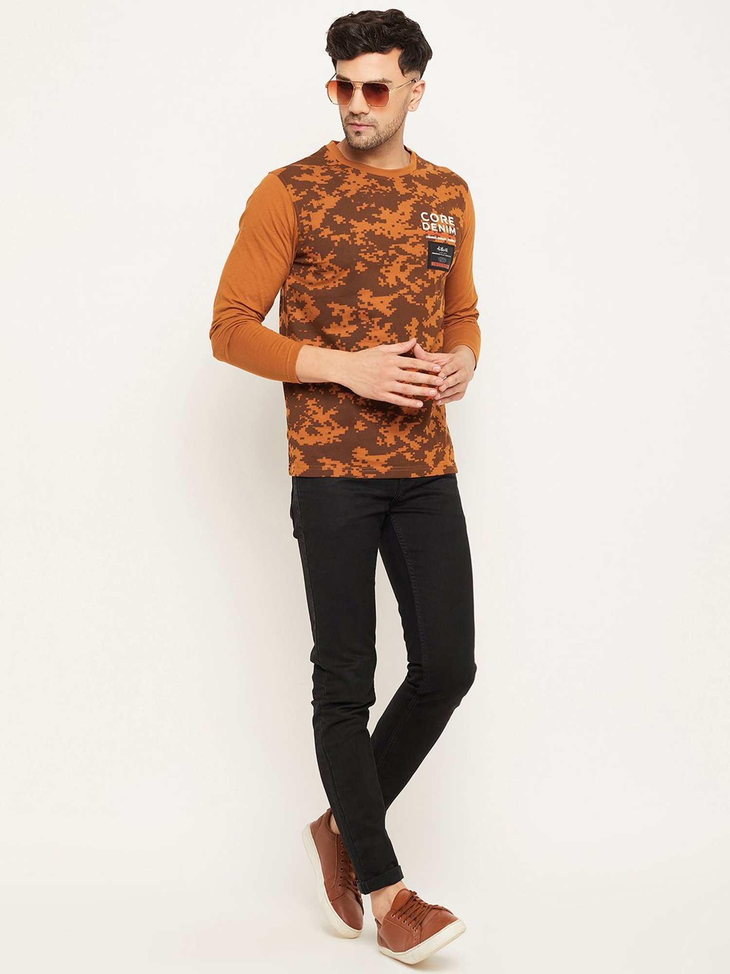 Club York Brown Regular Fit Printed Crew T-Shirt