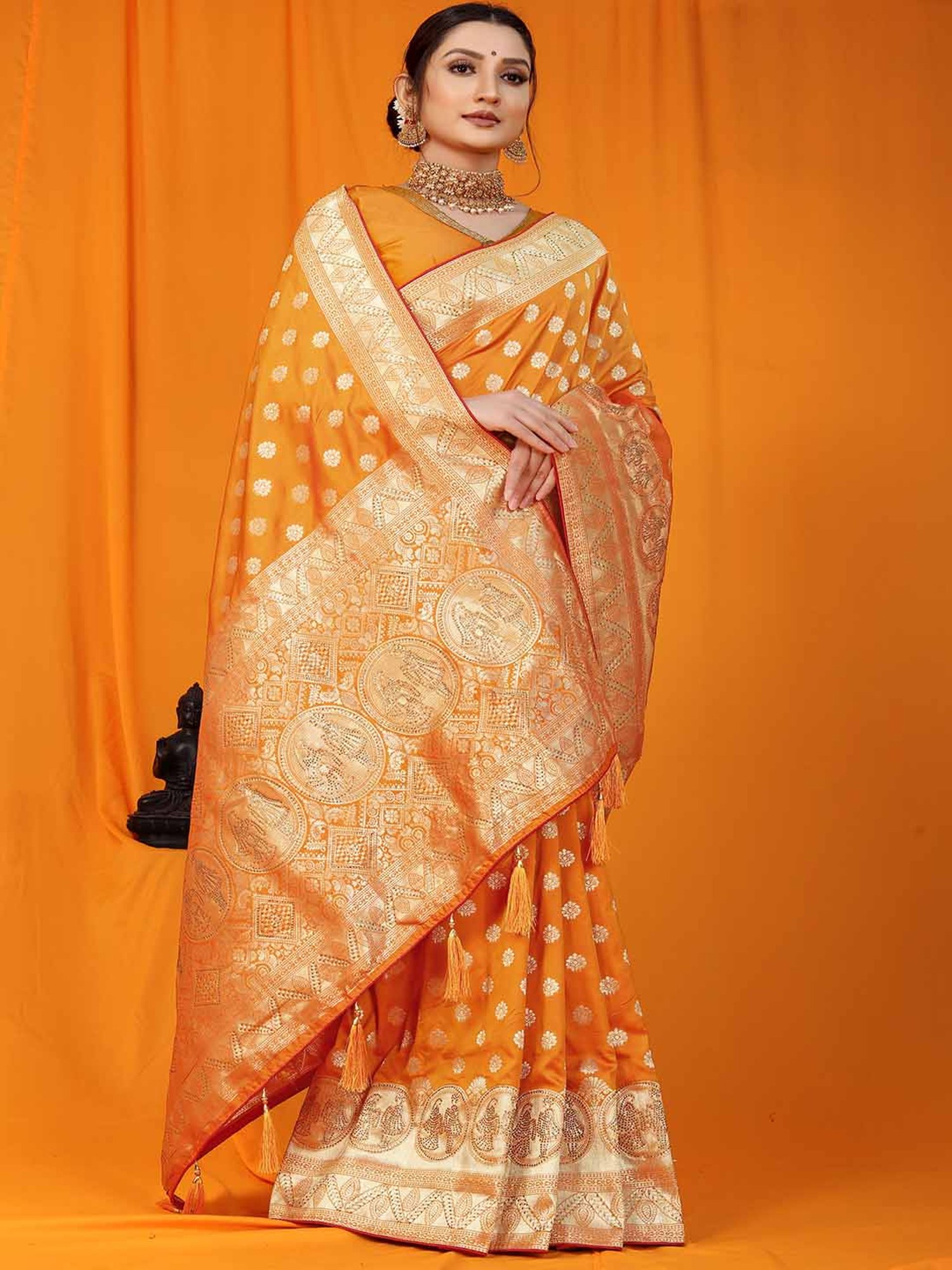 SHUBHKALA Yellow Silk Woven Saree With Unstitched Blouse