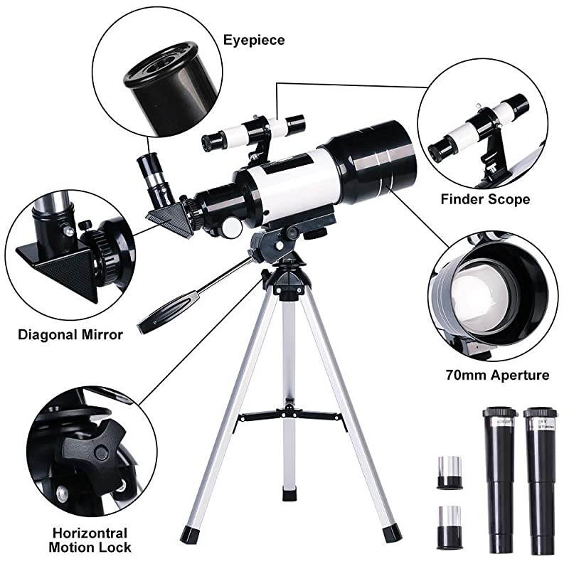 Telescope for Kids Beginners 70mm Aperture 300mm Astronomical Refractor Telescope Tripod Finder Scope Portable Travel Telescope with Smartphone Adapter and Wireless Remote