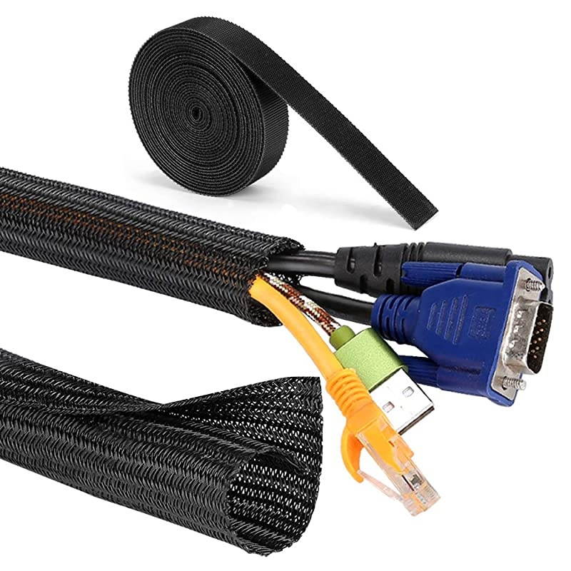 Cable Management Sleeve  2 x 52ft 34 inch Expandable Braided Cable Sleeve + 1 x 10ft Cable Ties for TV PC Home Theater Cord Organizer 3 Pieces