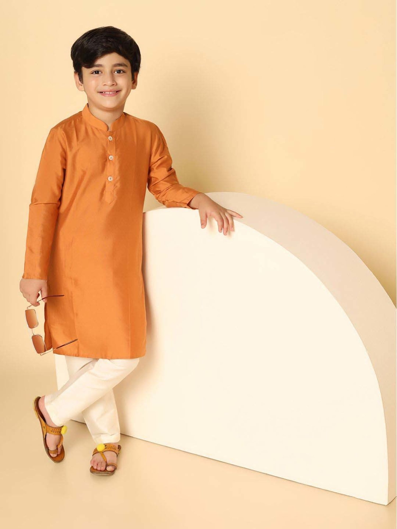 KISAH Kids Yellow & White Regular Fit Full Sleeves Kurta Set
