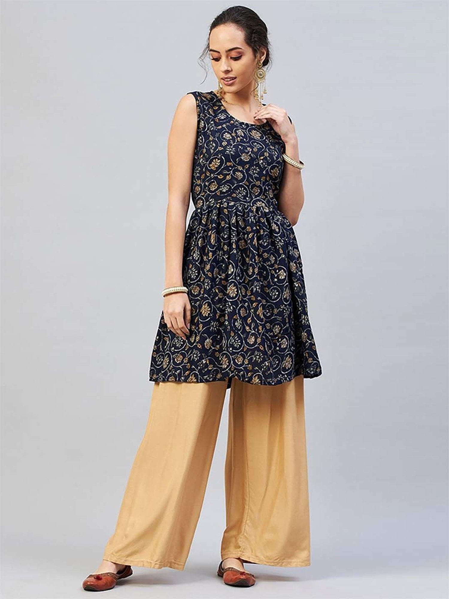 Inweave Blue Floral Print A Line Kurti