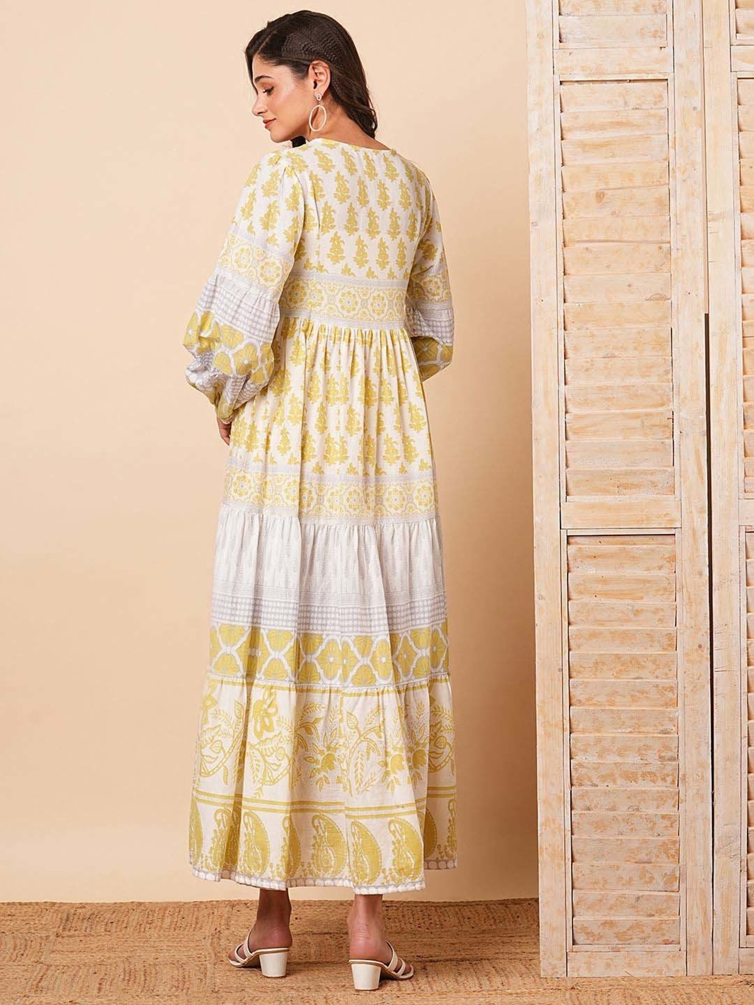 Fashor White & Yellow Cotton Printed Maxi Dress