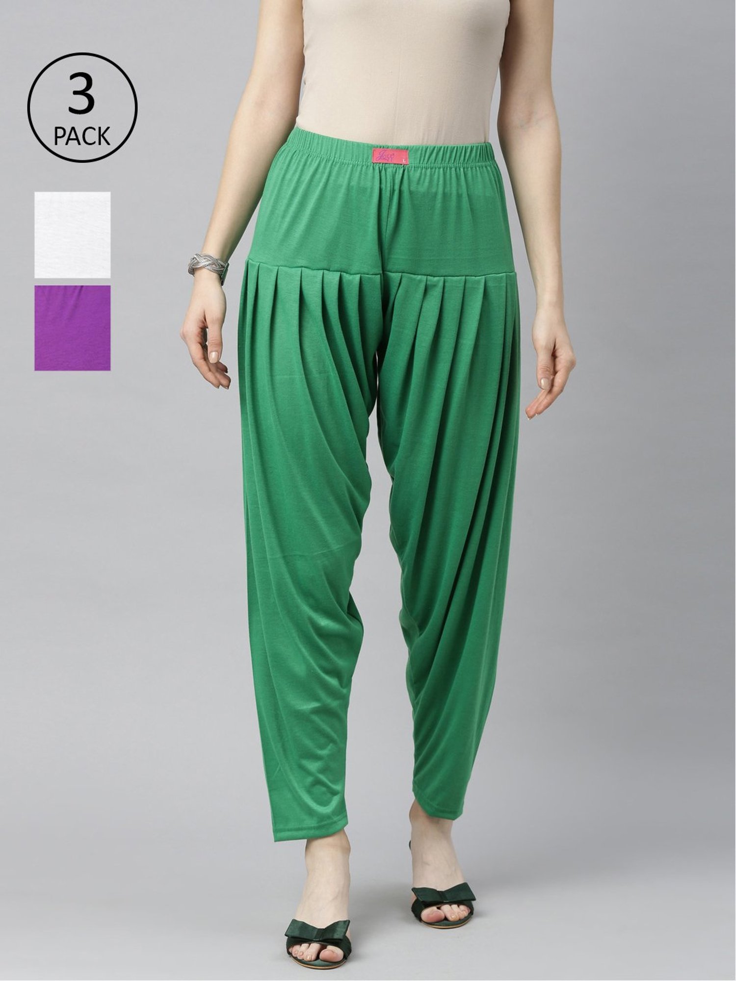 JCSS Green & White Patiala Pants - Pack Of 3