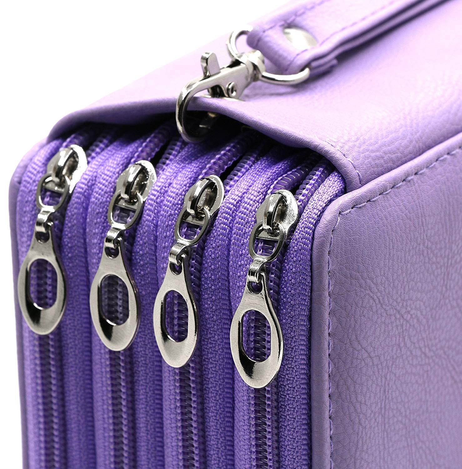 YOUSHARES 72 Slots Pencil Case - PU Leather Handy Multi-layer Large Zipper Pen Bag with Handle Strap for Colored/Watercolor Pencil (Purple)