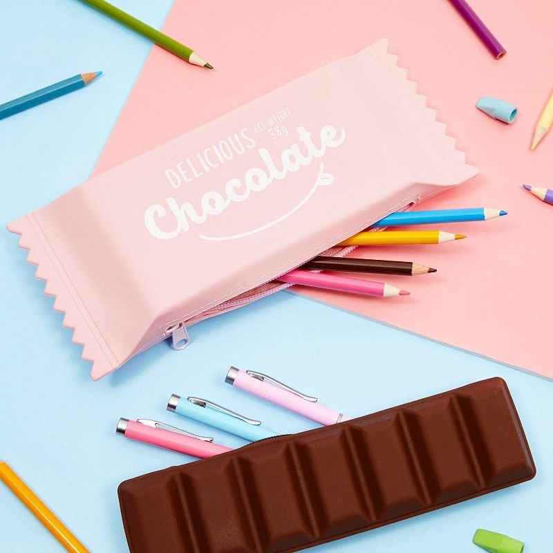 Okuna Outpost 2 Pcs Kawaii Silicone Pencil Case Zipper Pouches Pen, Chocolate Wrapper Candy Bar, Pink, Brown