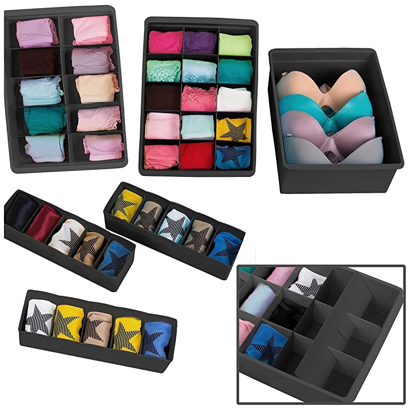 Adjustable Drawer Organizers 6 Set with Customizable Dividers in Stackable Durable Plastic for Underwear Crafts Baby Clothes Office Bathroom amp Under Sink Storage Black