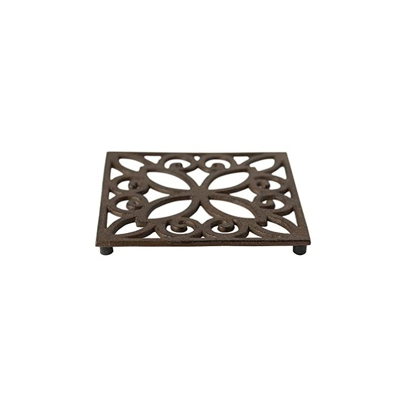 Decorative Cast Iron Trivet for Kitchen Or Dining Table | Square with Vintage Pattern - 6.5 x 6.5 | with Rubber Pegs/Feet - Recycled Metal - Vintage, Rustic Design - Rust Brown Color
