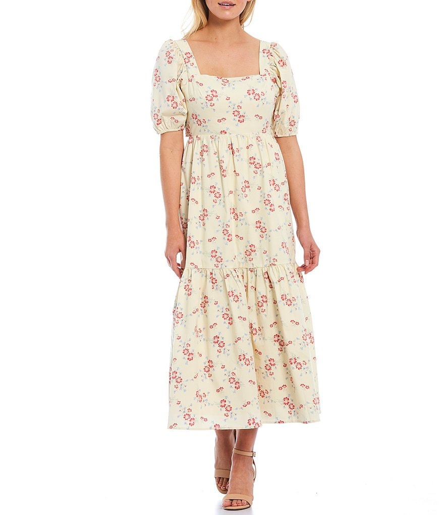WAYF Whisper Floral Print Square Neck Puff Sleeve Tie Back Midi Tiered Dress