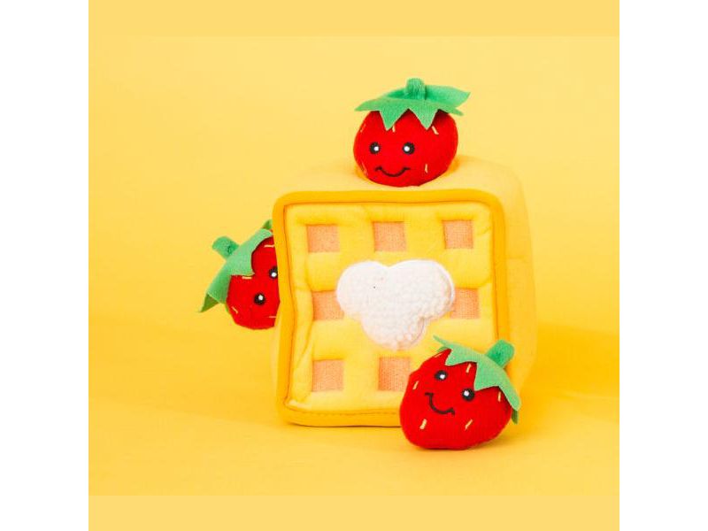 ZippyPaws - Food Buddies Burrow, Interactive Squeaky Hide and Seek Plush Dog Toy - Strawberry Waffles