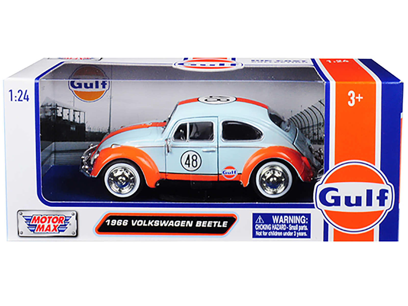 1966 Volkswagen Beetle #48 with "Gulf" Livery Light Blue with Orange Stripe 1/24 Diecast Model Car by Motormax