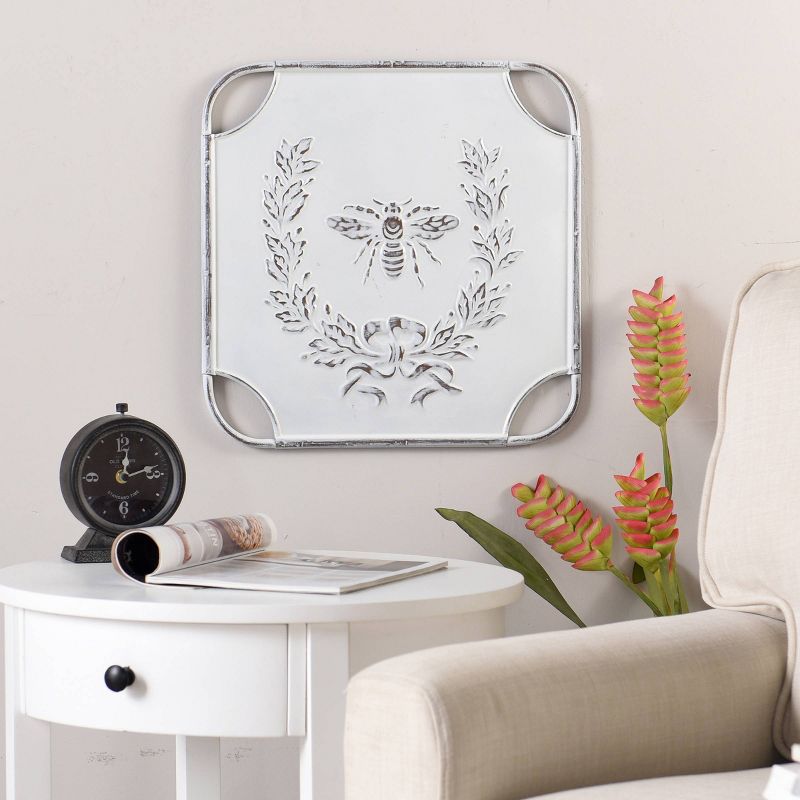 Square Metal Bee Yourself Laurel Design Art Distressed White - StyleCraft