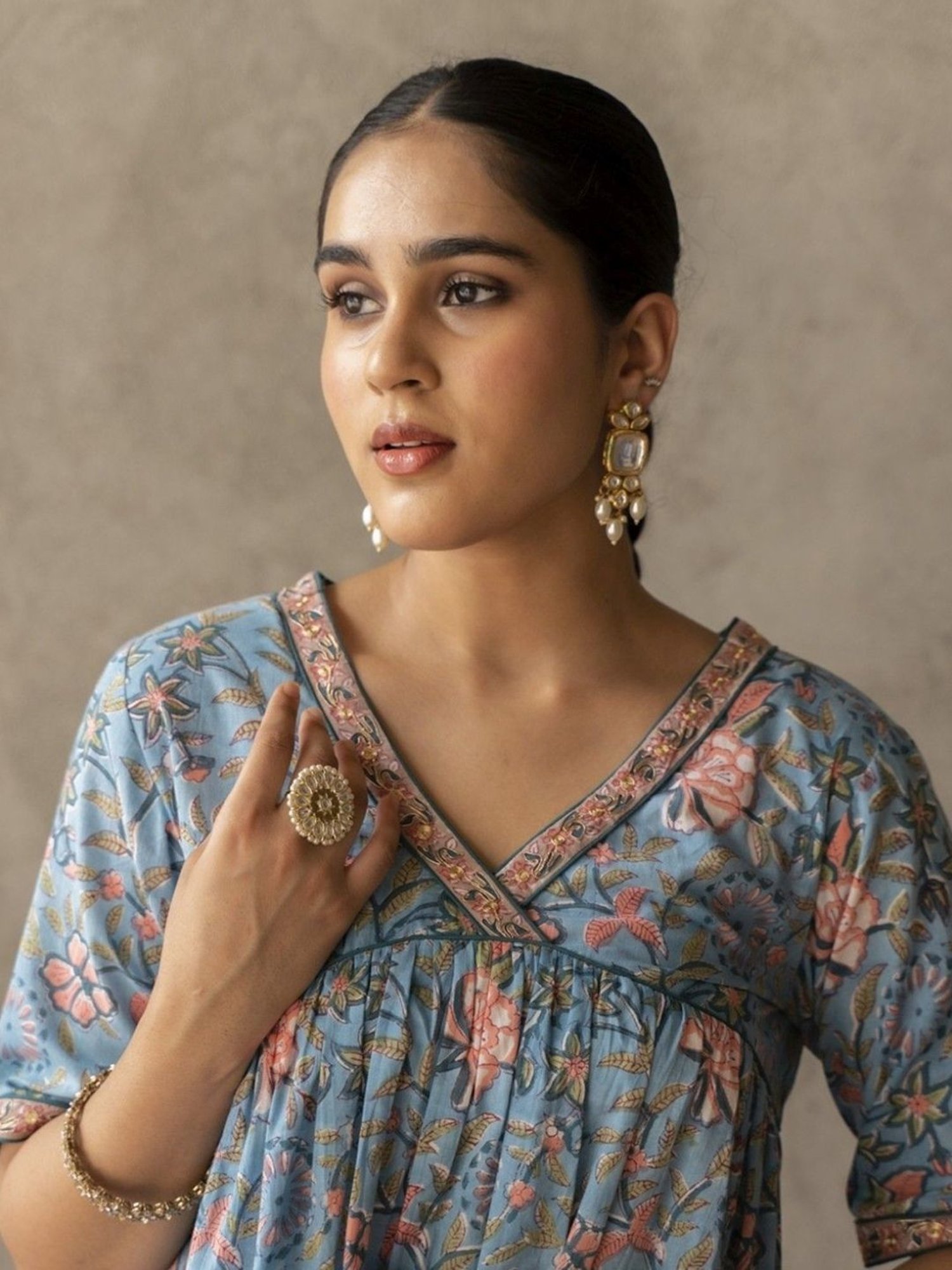 Akiso Reet Blue A Line With Hand Embroidery Details Kurta Paired With Blue Straight Pants Set