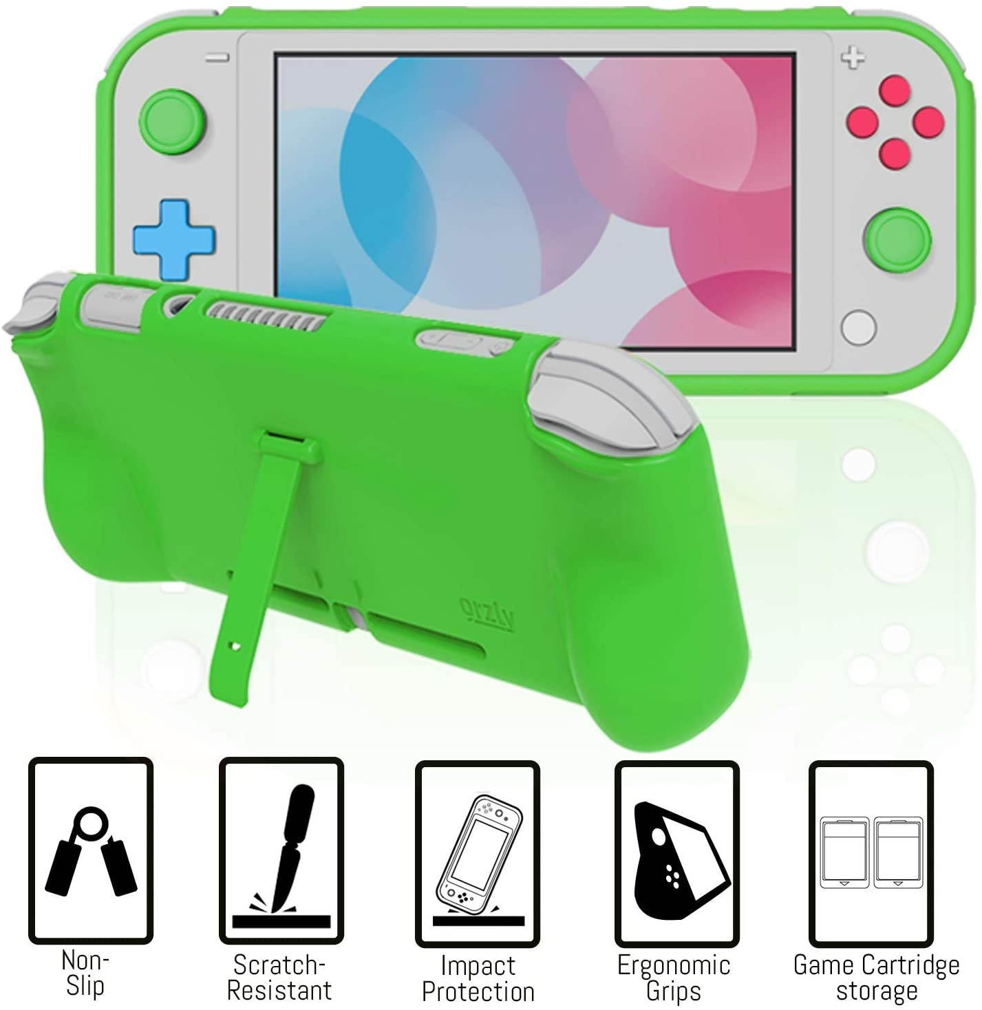 Orzly Switch Lite Accessories Bundle - Case & Screen Protector for Nintendo Switch Lite Console, USB Cable, Games Holder, Comfort Grip Case, Headphones, Thumb-Grip Pack & More - Green