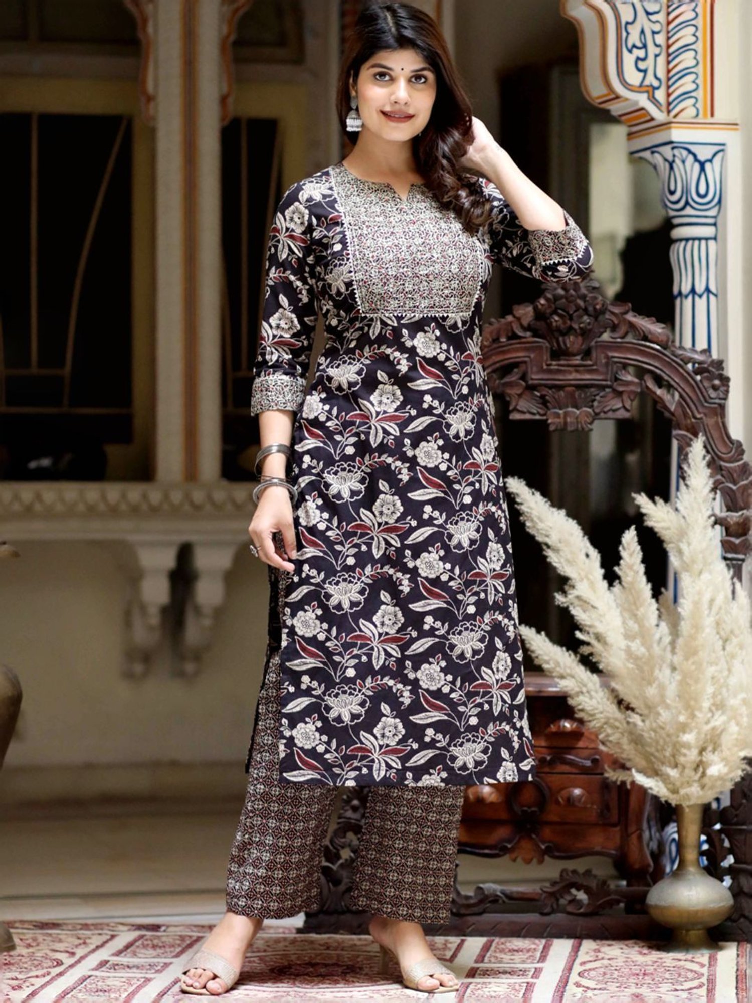 Miravan Black Cotton Embroidered Kurta Palazzo Set