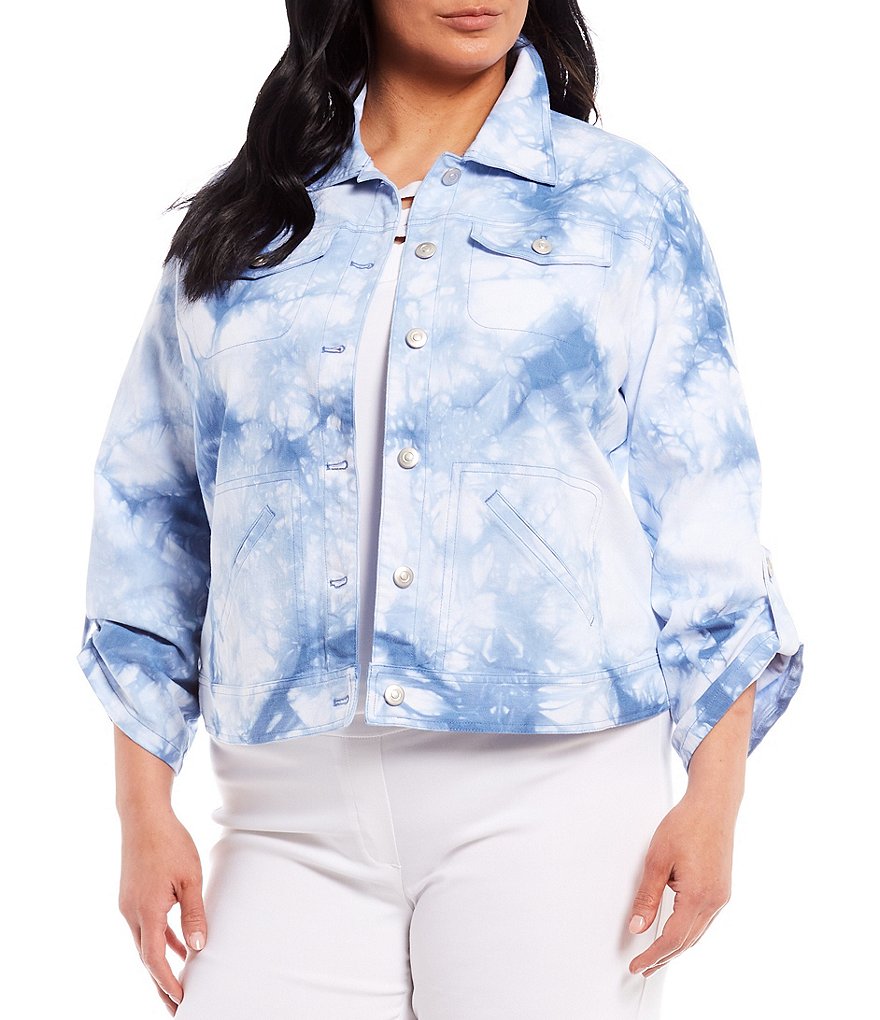 Ruby Rd. Plus Size Tie Dye Stretch Denim Roll-Tab Sleeve Button Front Jacket