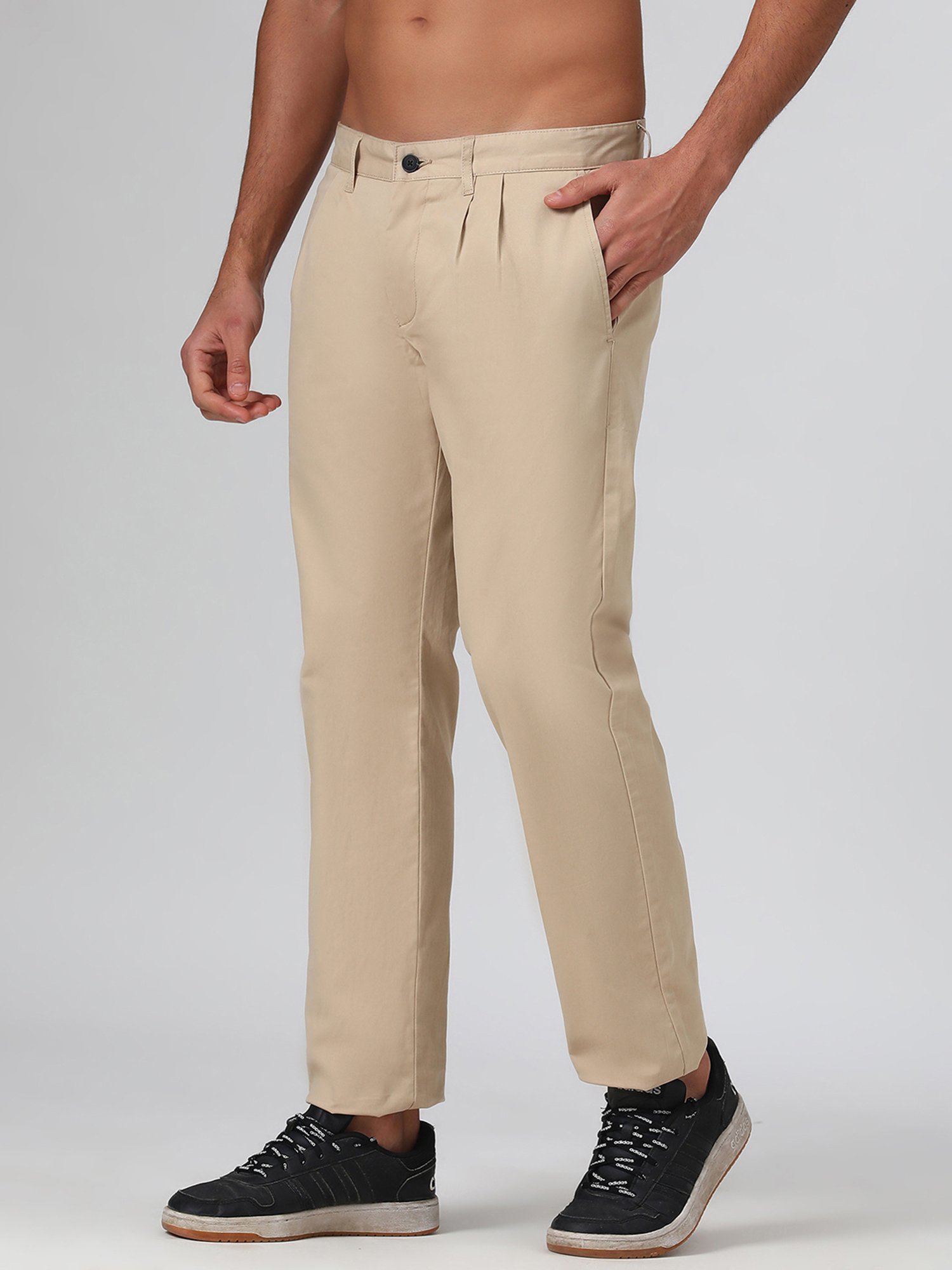 SUBTRACT Beige Regular Fit Pleated Trousers