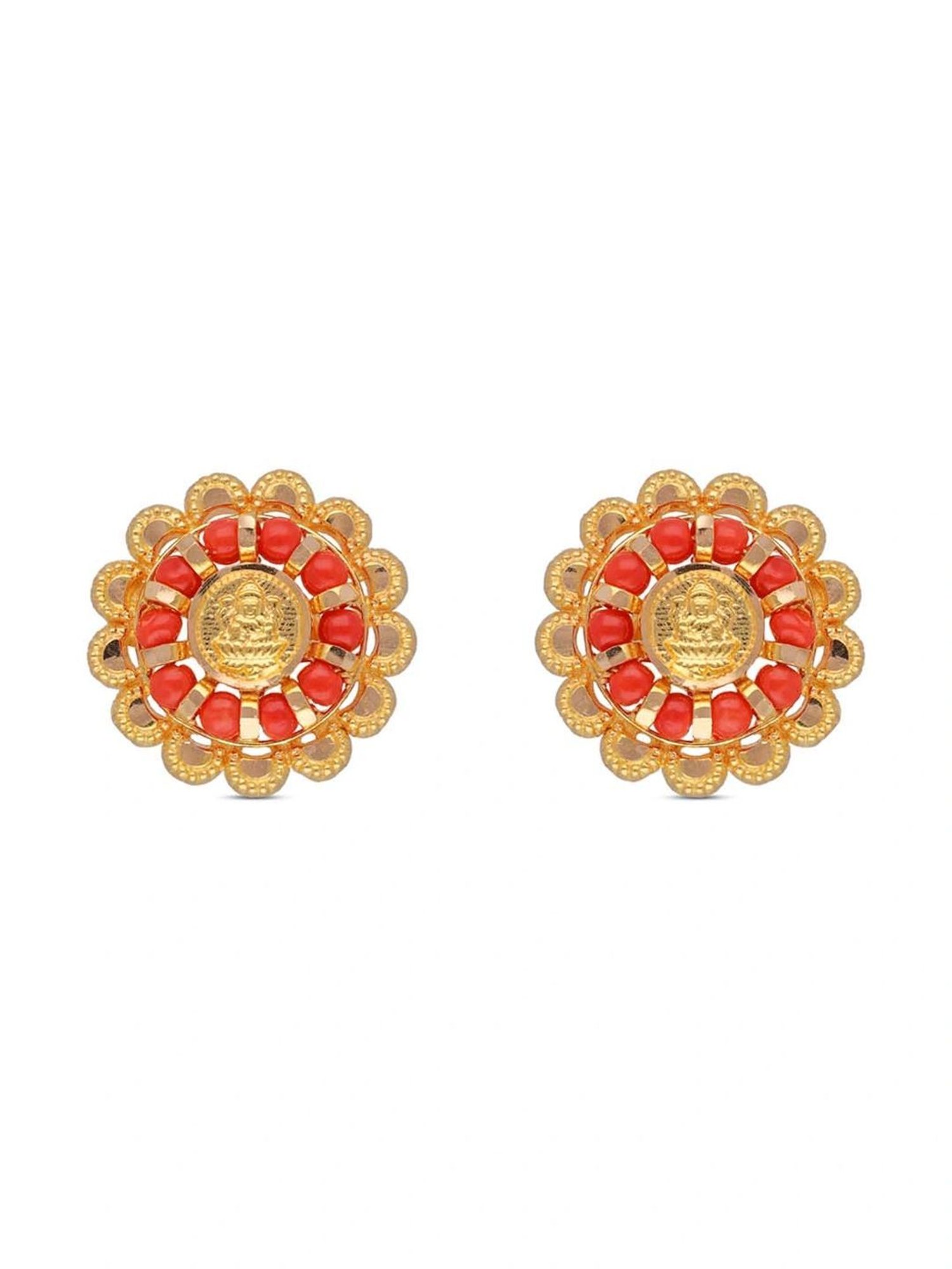 CKC Divine Elegance: Gold Lakshmi Coin Stud Set with Coral