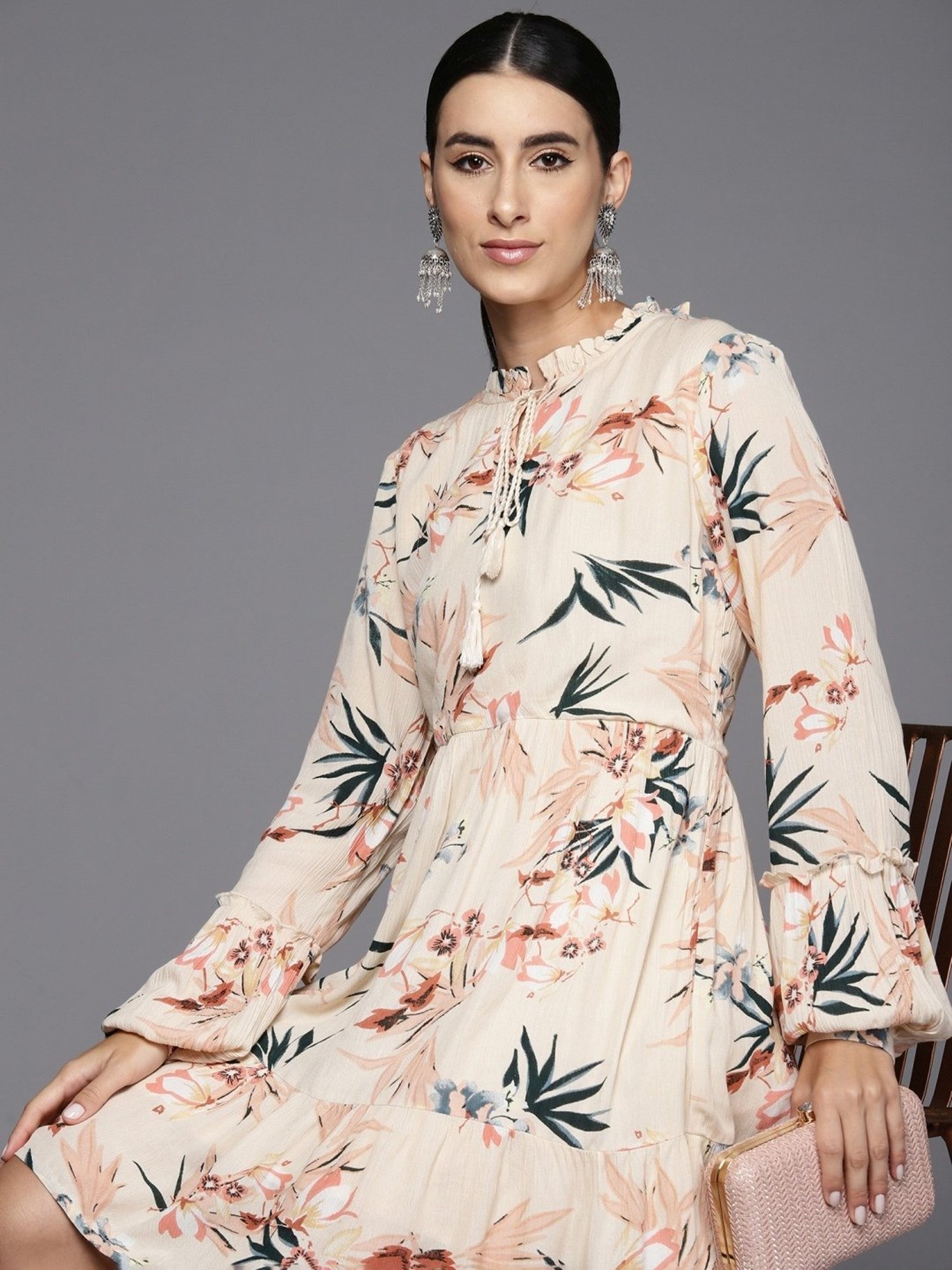 Indo Era Beige Cotton Floral Print A-Line Dress