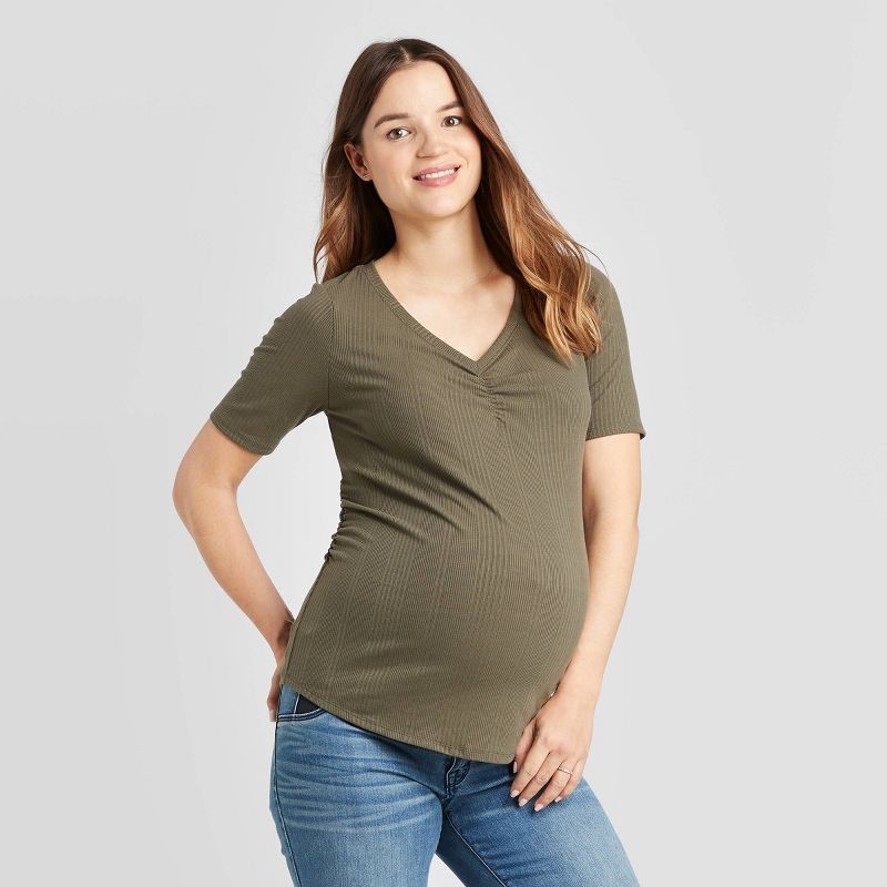 Maternity Elbow Sleeve V-Neck Textured Rib T-Shirt - Isabel Maternity by Ingrid & Isabel™ Olive S