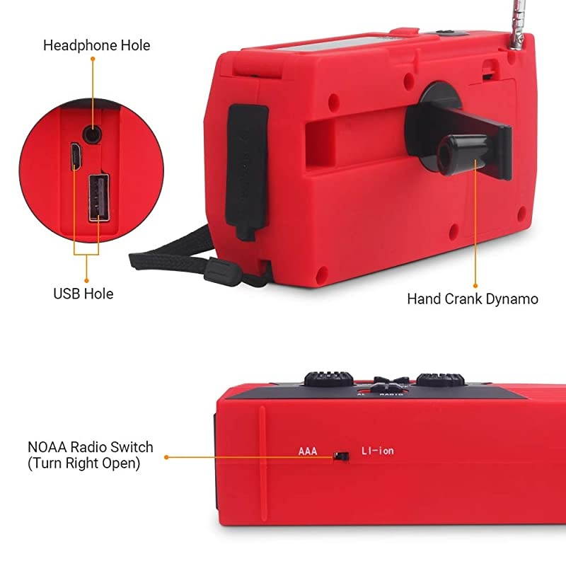SOS 2000mAh Emergency Solar Hand Crank Portable Radio,NOAA Weather Radio for Household and Emergency with AM/FM,LED Flashlight,Reading Lamp,USB Charger,Battery Indicator (Red 1)