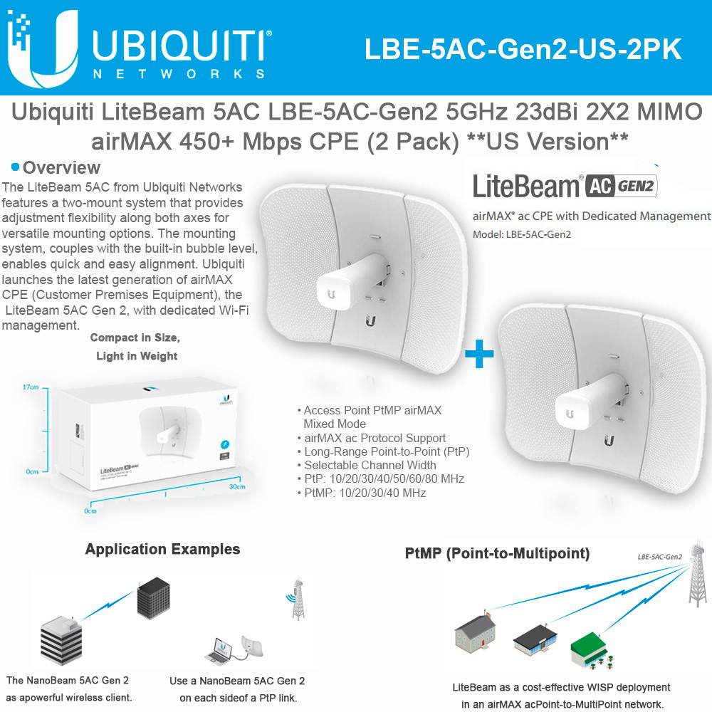 Ubiquiti LiteBeam Gen 2 LBE-5AC-Gen2-US 2X2 MIMO airMAX 5GHz 23dBi 450Mbps-2PACK