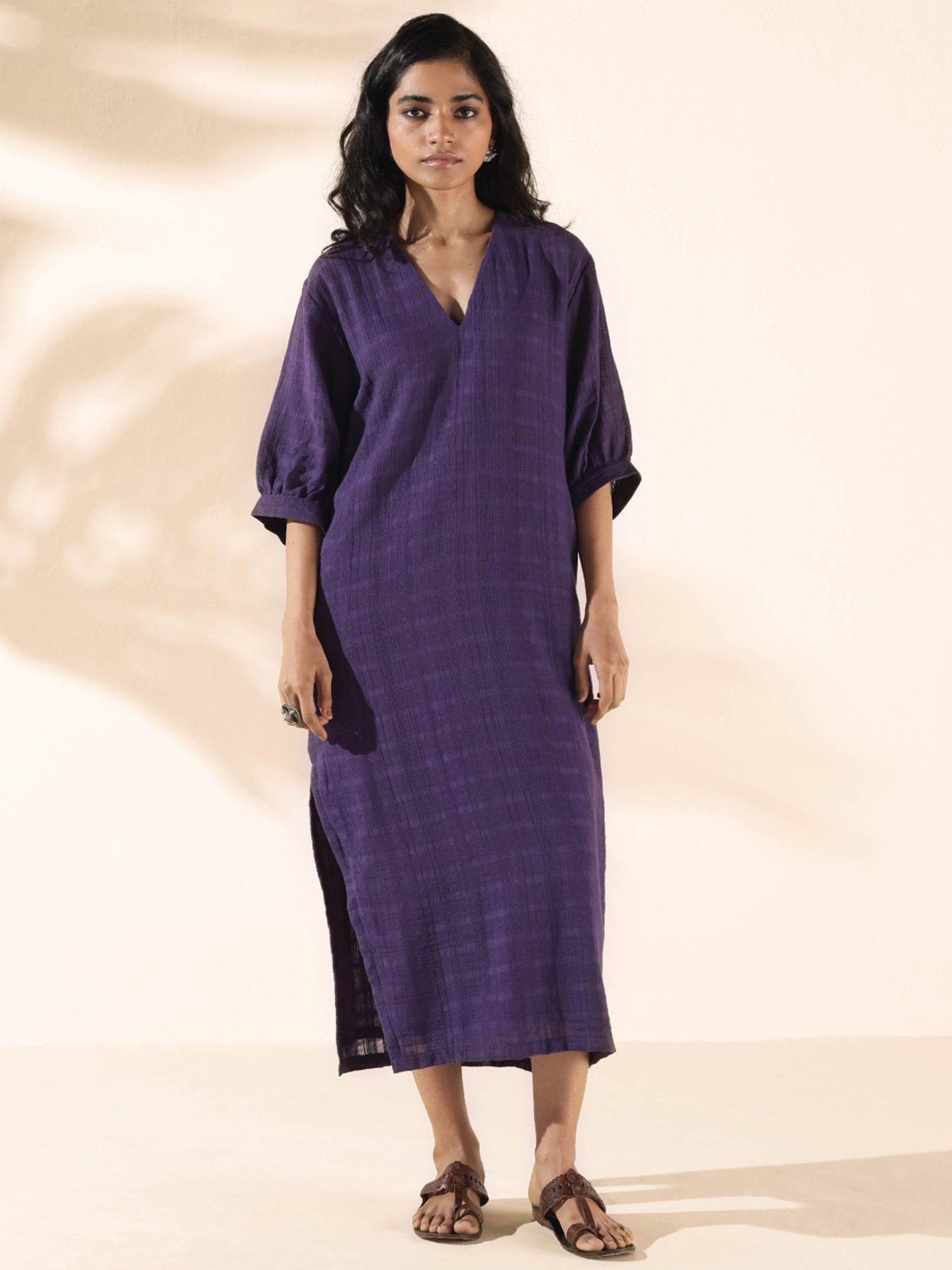 true Browns Purple Cotton Self Pattern A-Line Dress