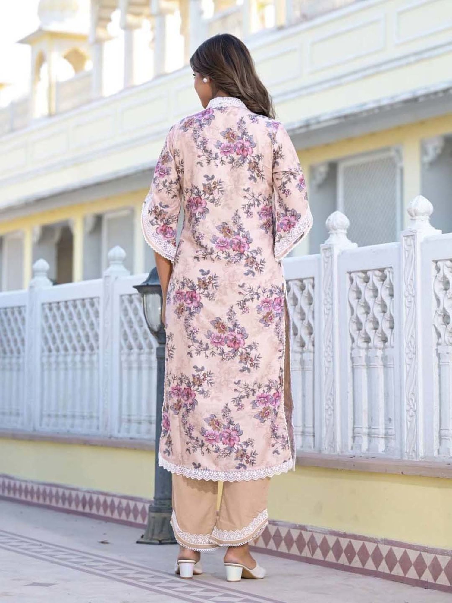 Varanga Beige Cotton Printed Kurta Palazzo Set With Dupatta