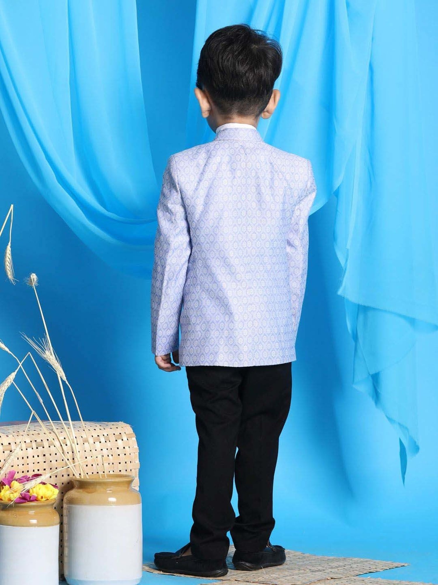VASTRAMAY Boys Blue Floral Full Sleeves Blazer & Waistcoats
