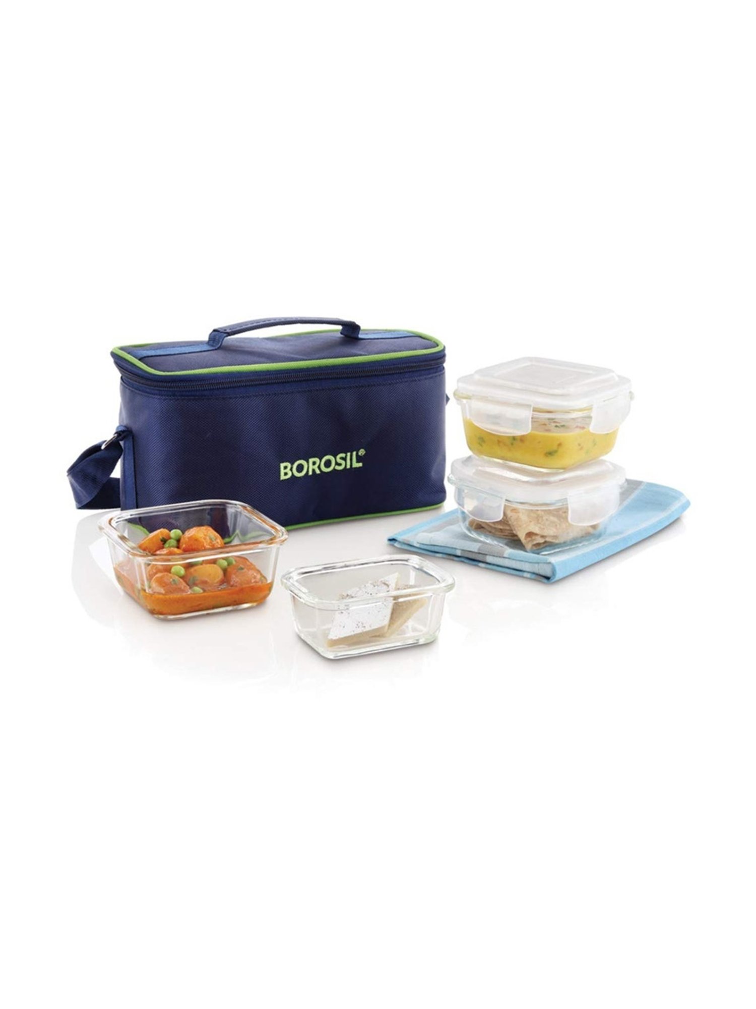 Borosil Blue Glass Leak Proof Lunch Box with Bag (320 ml)