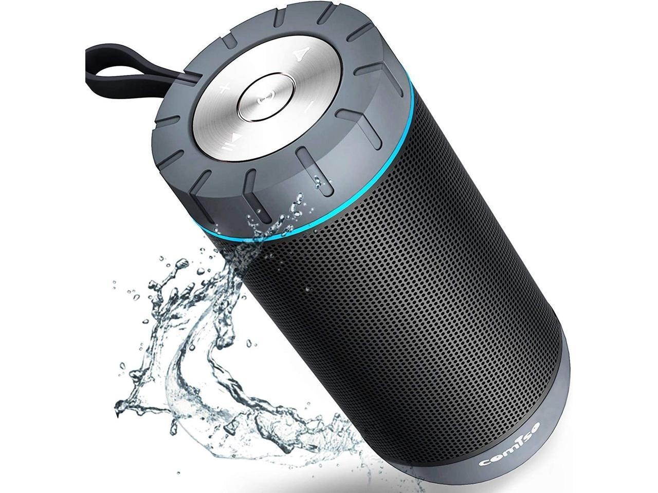 COMISO Waterproof Bluetooth Speakers Outdoor Wireless Portable Speaker with 20 Hours Playtime Superior Sound for Camping, Beach, Sports, Pool Party, Shower (Dark Grey)