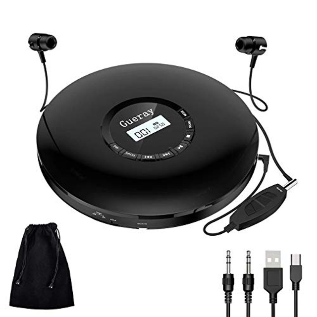 Portable CD Player 1400mAh CD Walkman Gueray Rechargeable CD Player Portable CD Discman Personal CD Player with Headphones Jack USB Supply CD Music Disc with LCD Display (Black)