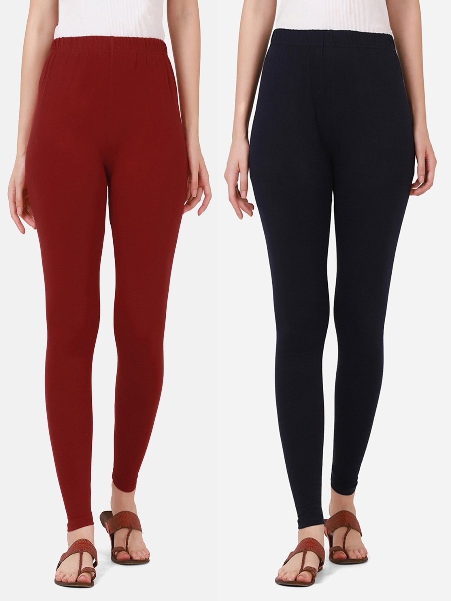 BUYNEWTREND Maroon & Navy Cotton Leggings - Pack Of 2