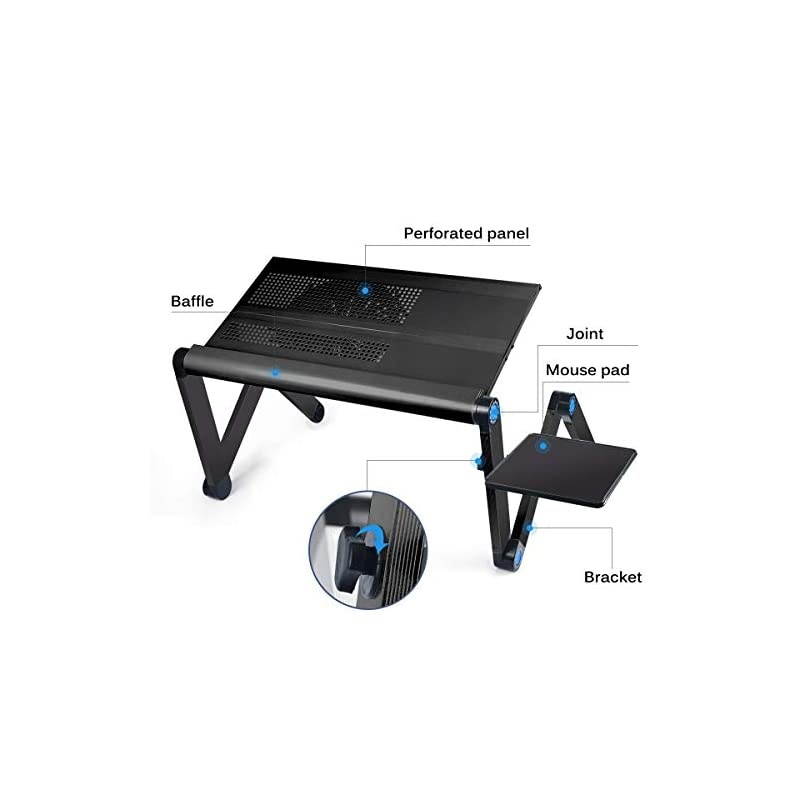 Aluminum Laptop Stand Adjustable with Cooling Fan and Mouse Pad Reinforced Ergonomic Lap Desk Foldable Portable Computer Table for Bed Sofa Couch Office Extra Wide Tray 19 Black