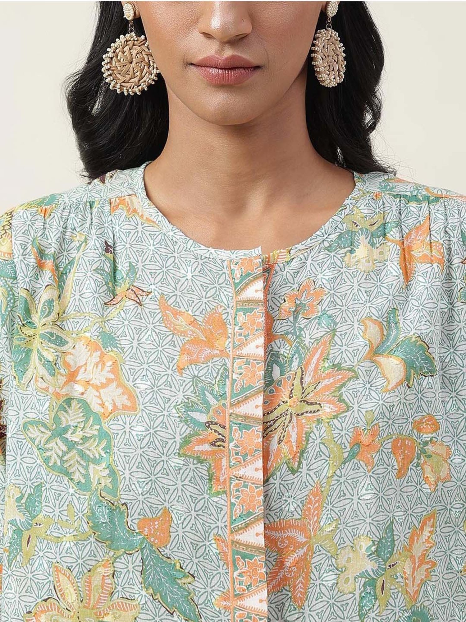 Fabindia Green Cotton Floral Print Top