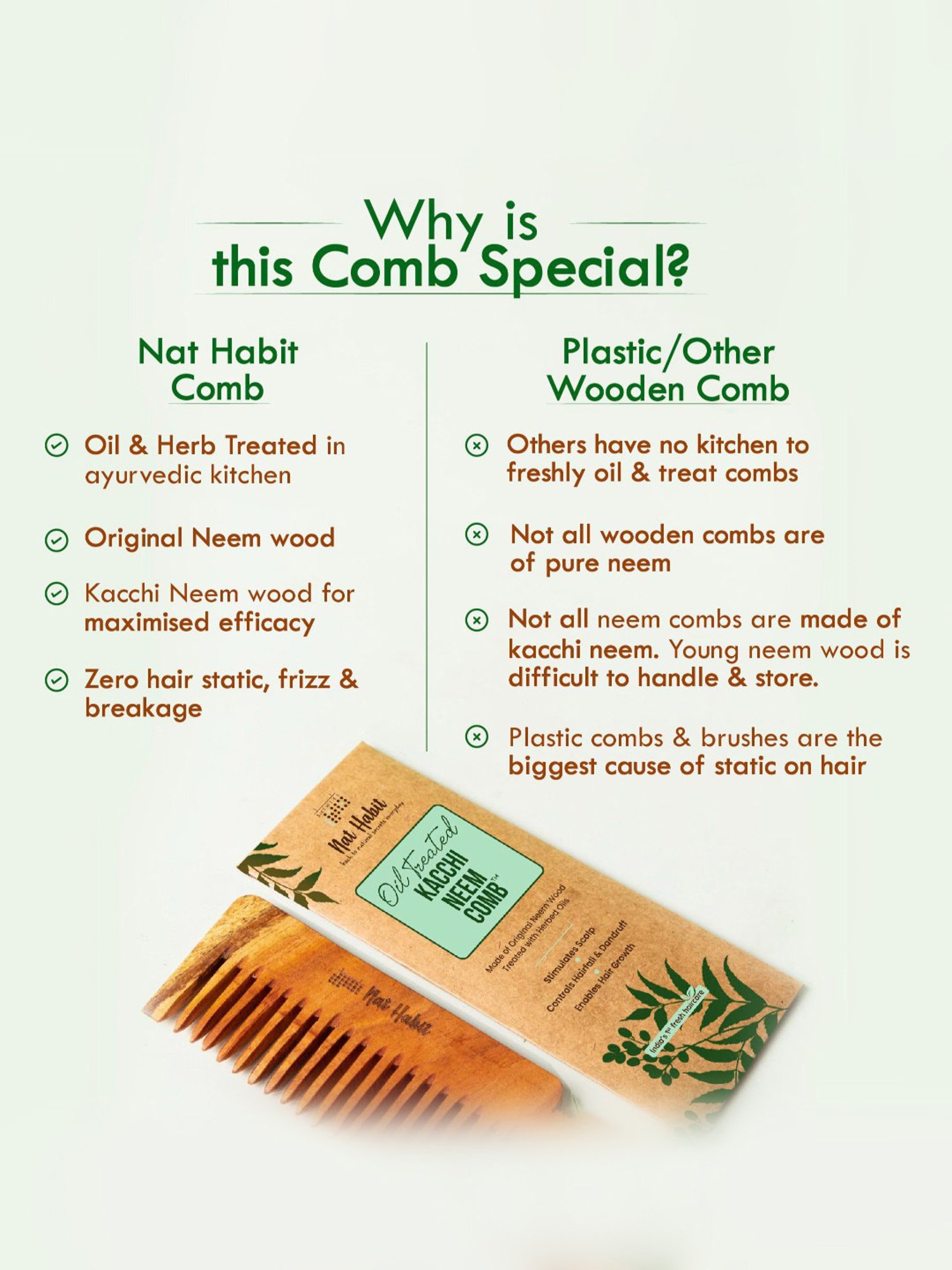 Nat Habit Kacchi Neem Wooden Wide Tooth Comb - Small