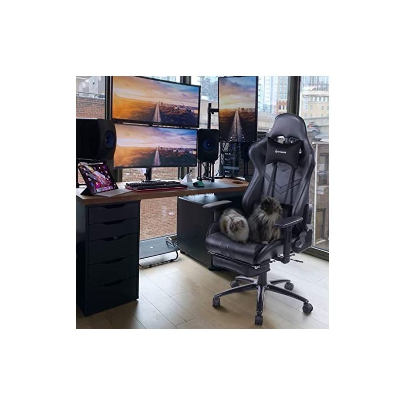 Massage Gaming Chair, High Back Racing PC Computer Desk Office Chair Swivel Ergonomic Executive Leather Chair with Footrest and Adjustable Armrests, Black