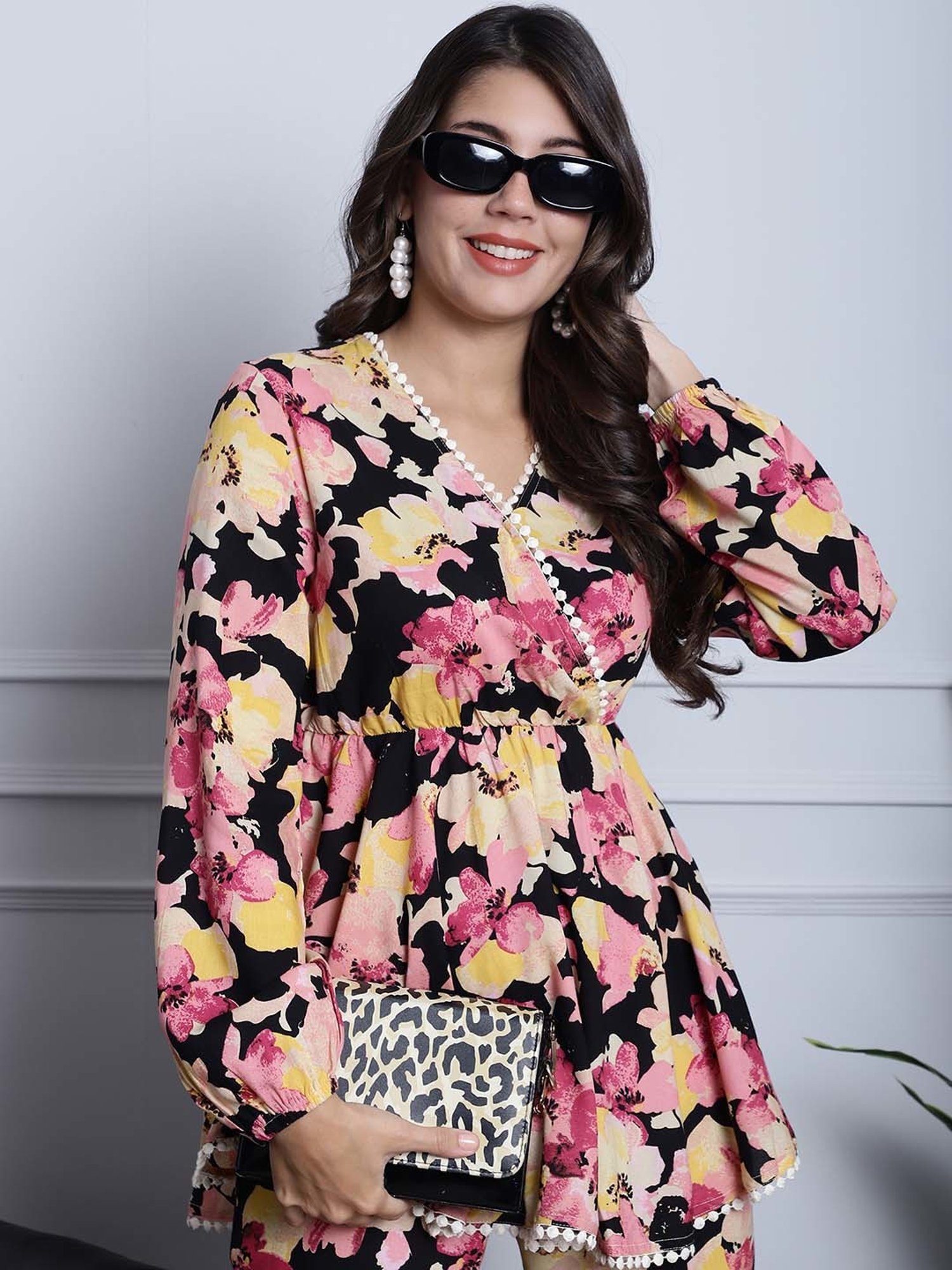 Claura Multicolored Floral Print Top Pant Set