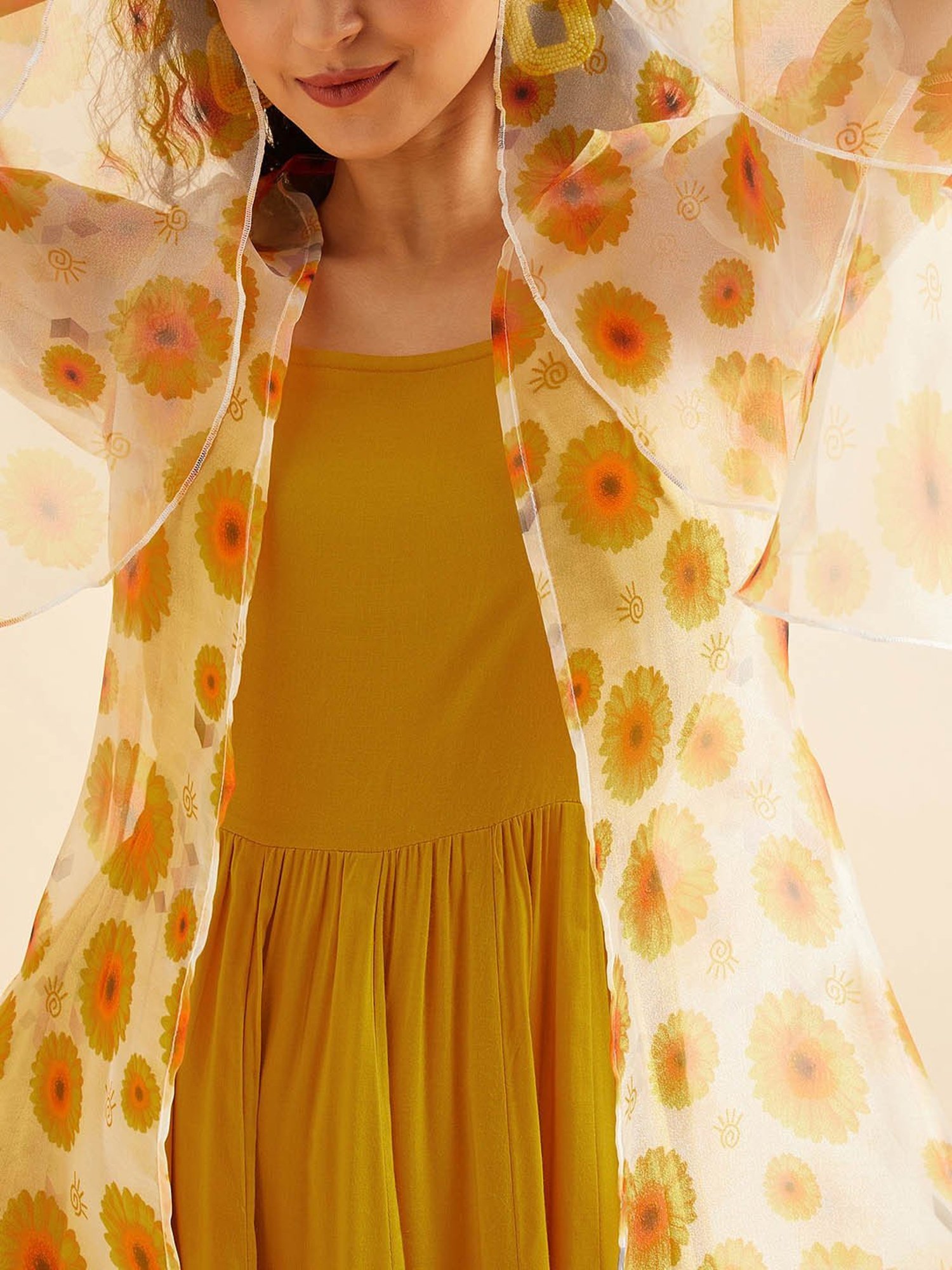 PANIT Yellow Printed Ethnic Dress With Shrug