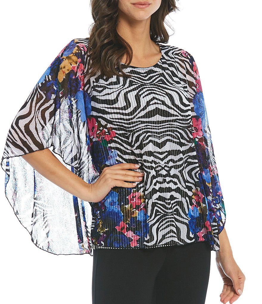 Calessa Scoop Neck Print Mesh Overlay Blouse
