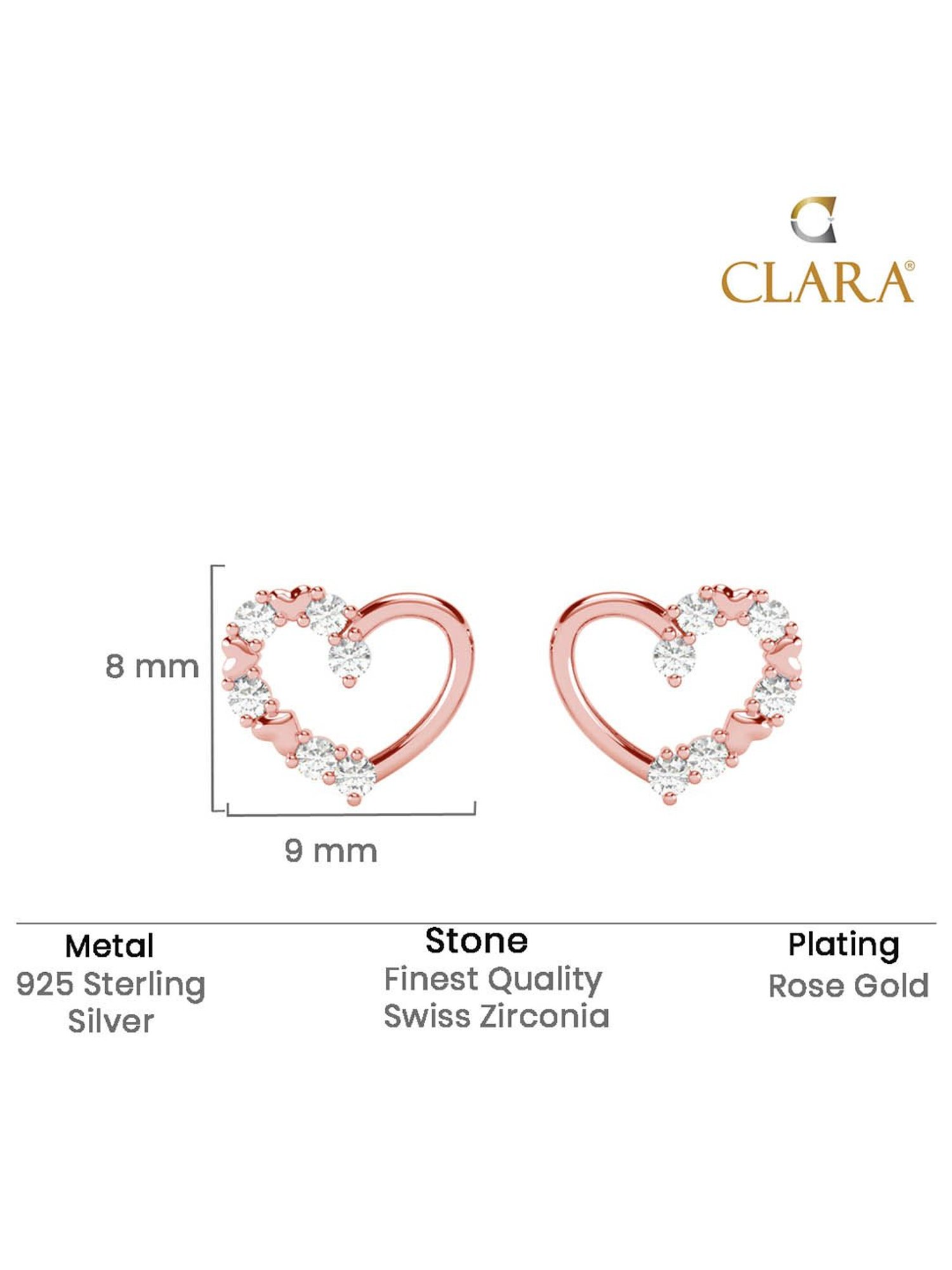 Clara 925 Silver Rose Gold Plated Swiss Zirconia Valentine Heart Stud Earrings Gift for Women