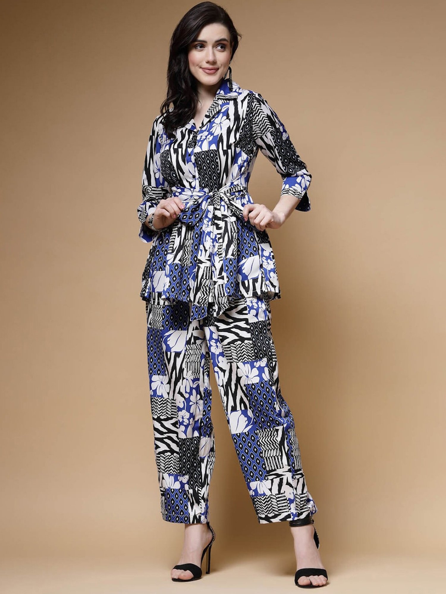Melon by PlusS Blue Printed Shirt Pant Set With Waist Belt