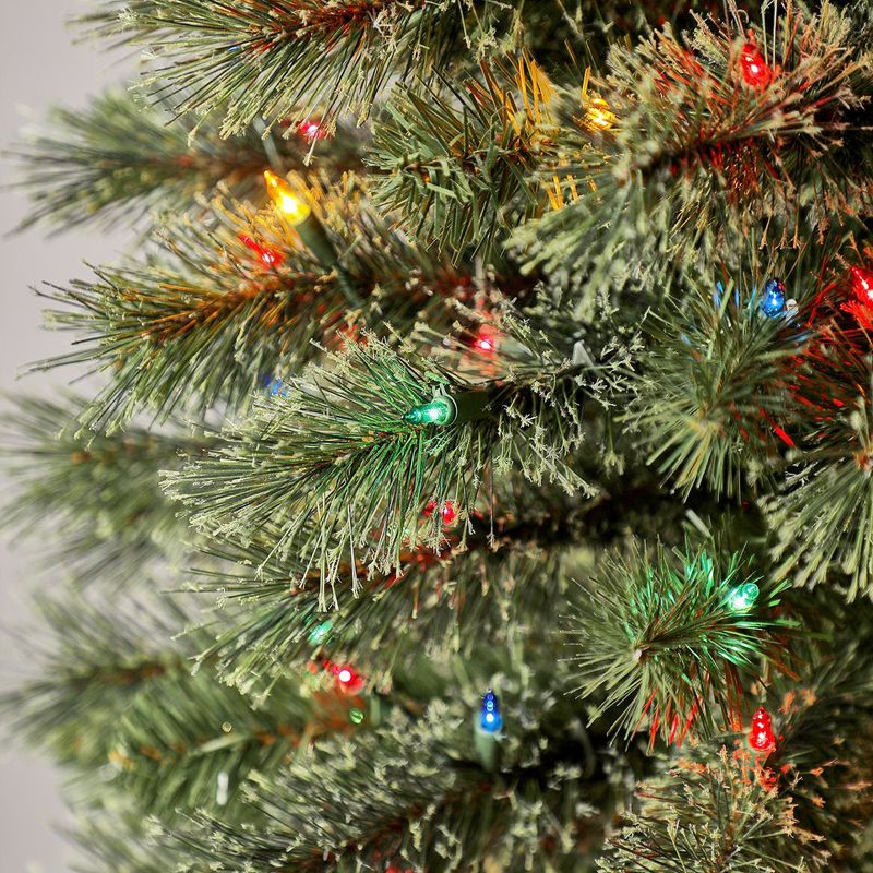 Home Heritage 9 Foot Pre-Lit Skinny Artificial Stanley Pencil Pine Christmas Tree with Multicolor Lights, Foldable Stand and Easy Assembly