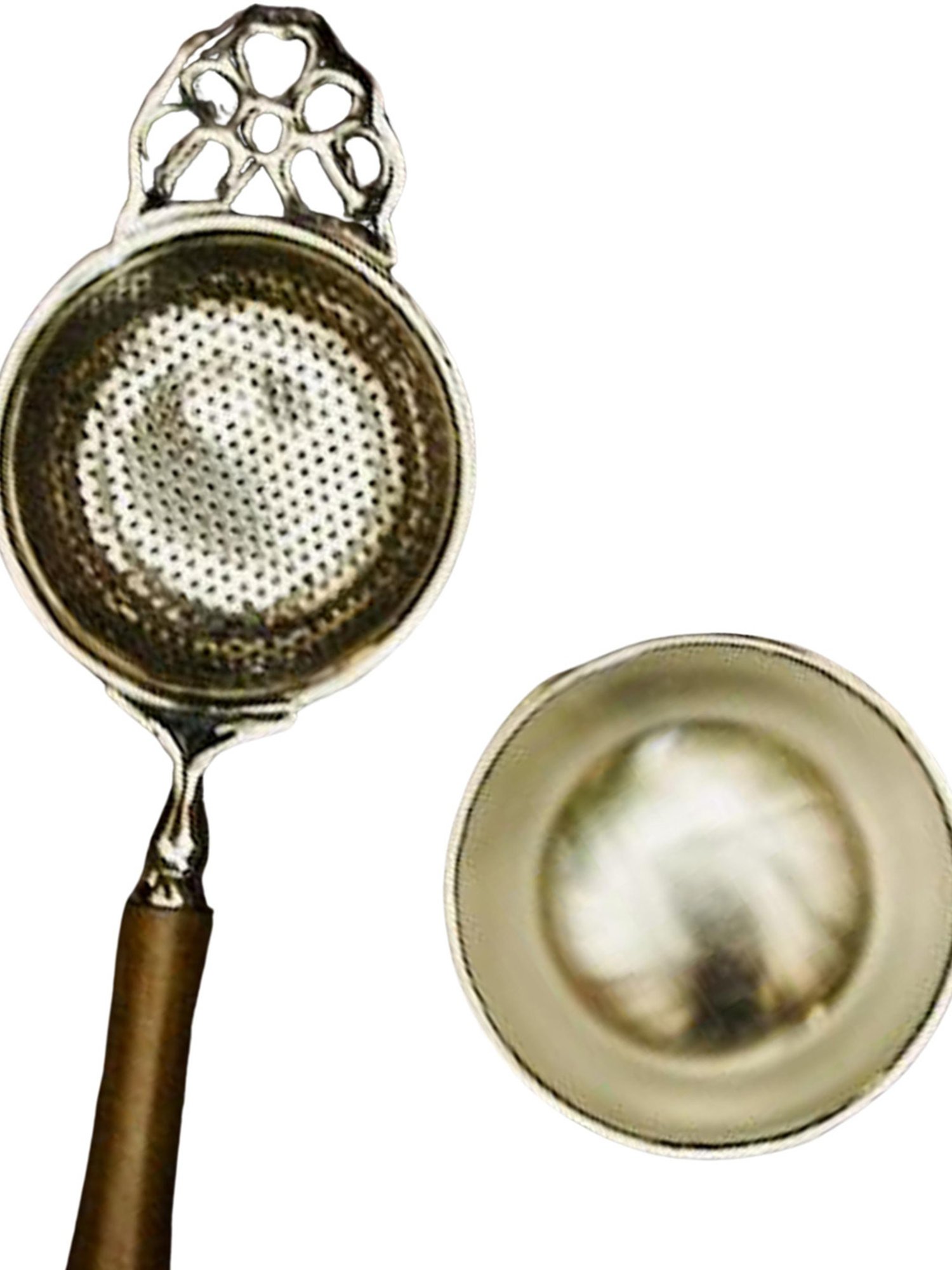 Ambi Matte Finish Brass Medium Sized Tea Strainer Silver 2 Piece Set With Wooden Holder