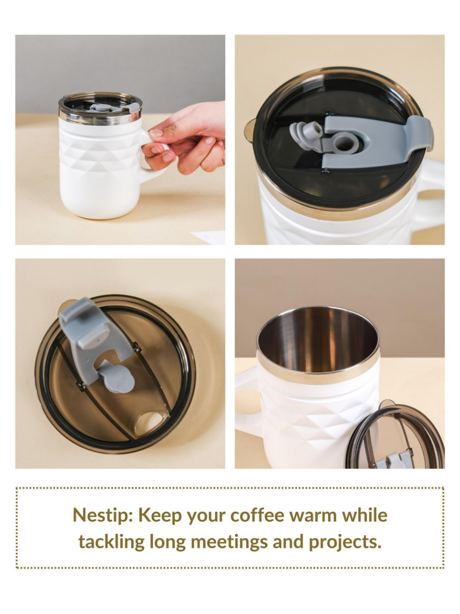 Nestasia Matte White Stainless Steel Double Insulated Spill Proof Travel Tea & Coffee Mug (400 ML)
