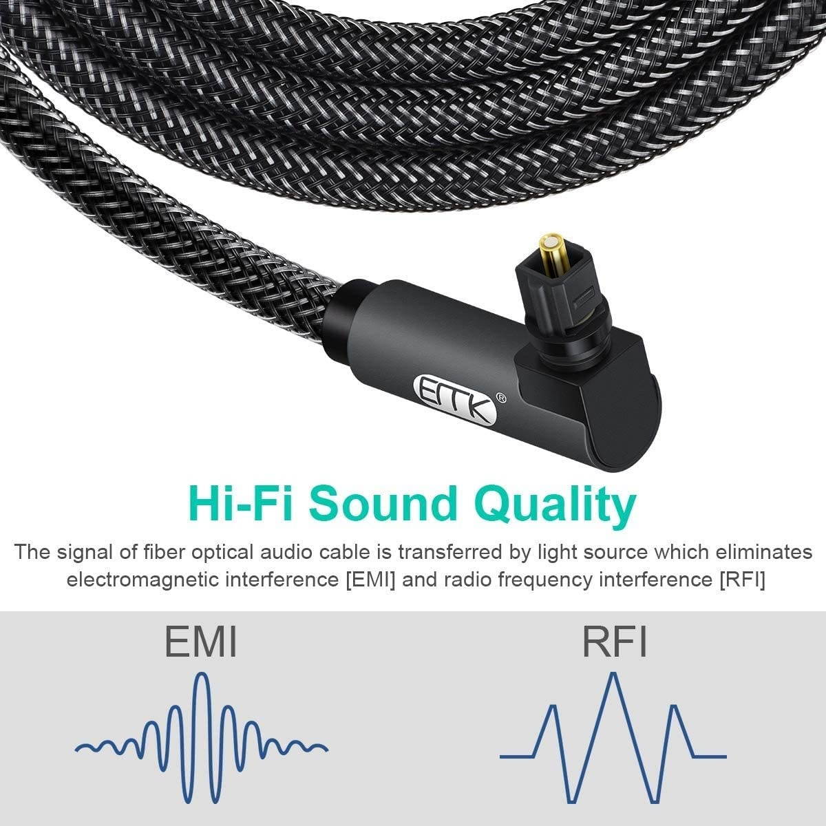 90 Degree Optical Audio CableEMK Toslink Cable Nylon Braided Digital Audio Optical Cable for Sound Bar TV PS4 Xbox Gray (5ft)